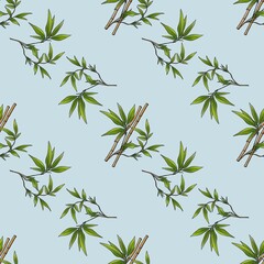 Seamless Bamboo Pattern Sticks and Bamboo Leaves Small Design on Pastel Blue Background