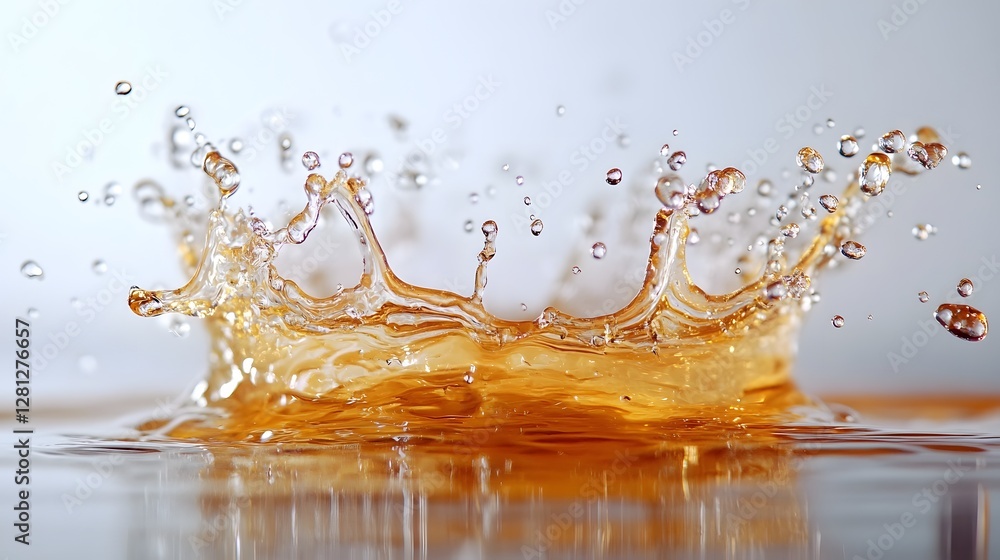 Poster Dramatic and dynamic splash of vibrant orange and yellow liquid droplets in motion creating an abstract energetic and organic visual effect