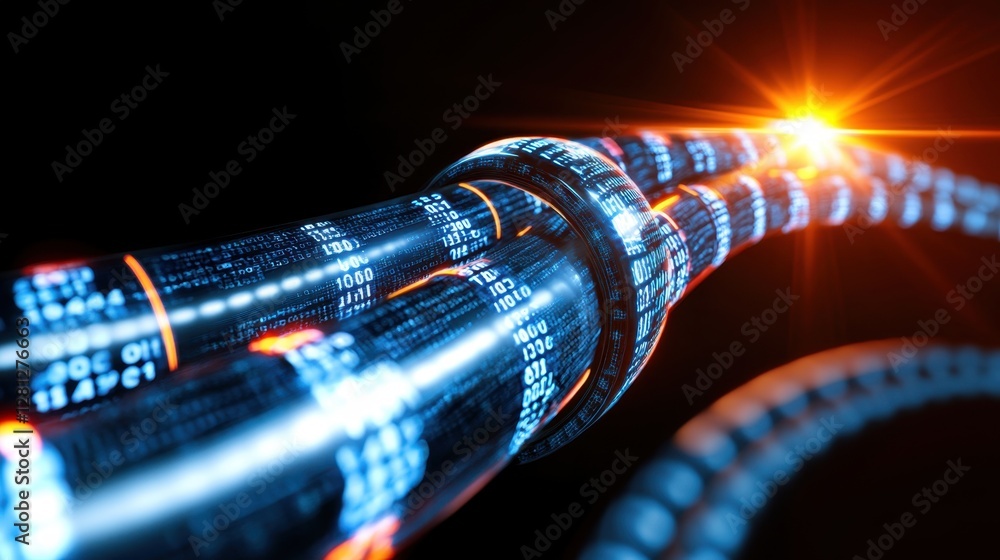 Poster abstract digital data stream, glowing blue and orange lines with binary code flowing through, dark b