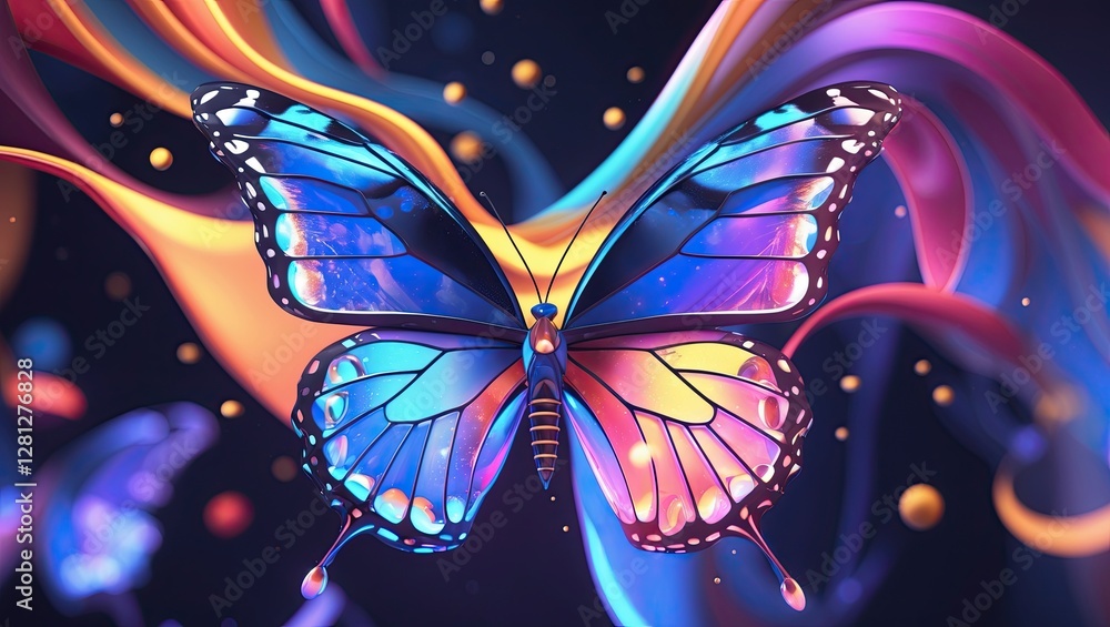 Poster colorful butterfly with iridescent wings set against a dark, dynamic background with flowing colors 