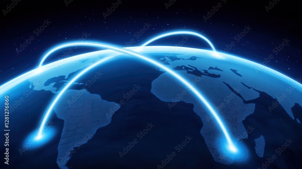 Poster global network connection, digital earth with glowing blue lines representing data streams and conne