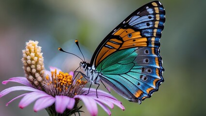 Fototapeta premium A vibrant butterfly perched on a pink flower, showcasing vivid blue, orange, and green wings against a blurred green background