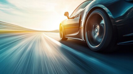 Dark sports car speeding on an open road with blurred motion, suggesting speed and luxury. Ideal for automotive, racing, and high-performance themes.