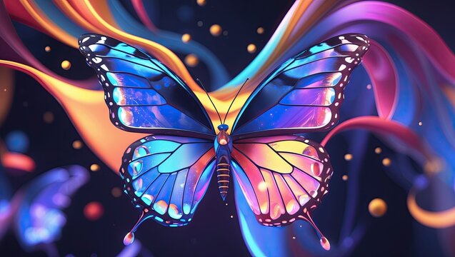 Colorful butterfly with iridescent wings set against a dark, dynamic background with flowing colors and abstract shapes