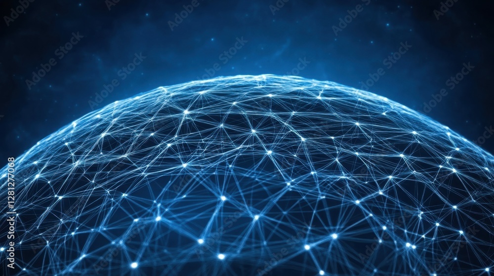 Aufkleber abstract glowing blue network connection nodes forming a global sphere against a dark space backgrou