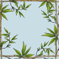 Obraz premium Seamless Pattern Bamboo Frame with Green Leaves Big Design on Pastel Blue Background