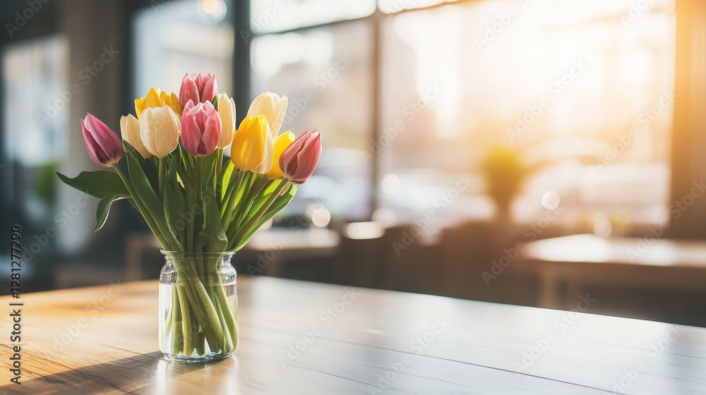 Poster a vibrant bouquet of tulips in various colors sits in a glass jar on a wooden table. the warm sunlig