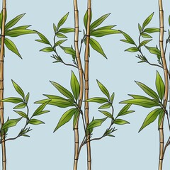 Seamless Bamboo Pattern Sticks on Pastel Blue Background Big Design on Pastel Blue Background