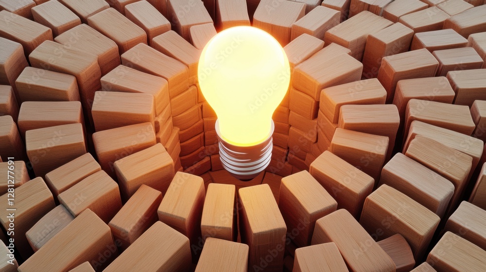 Poster glowing lightbulb in a circular arrangement of light brown wooden blocks, creating a unique visual m
