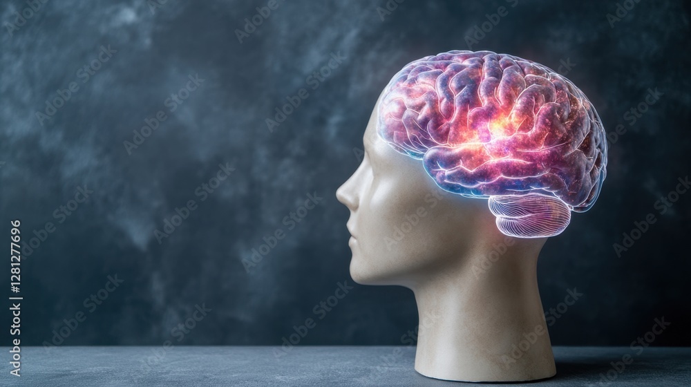Poster profile view of a mannequin head with a vibrant, glowing neural network brain overlay against a dark