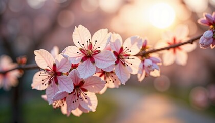 Obraz premium Artistic Close-Up of Cherry Blossoms in Full Bloom at Golden Hour
