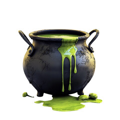 This rusty black cast iron cauldron, overflowing with vibrant green toxic slime, is isolated on a transparent background for effective