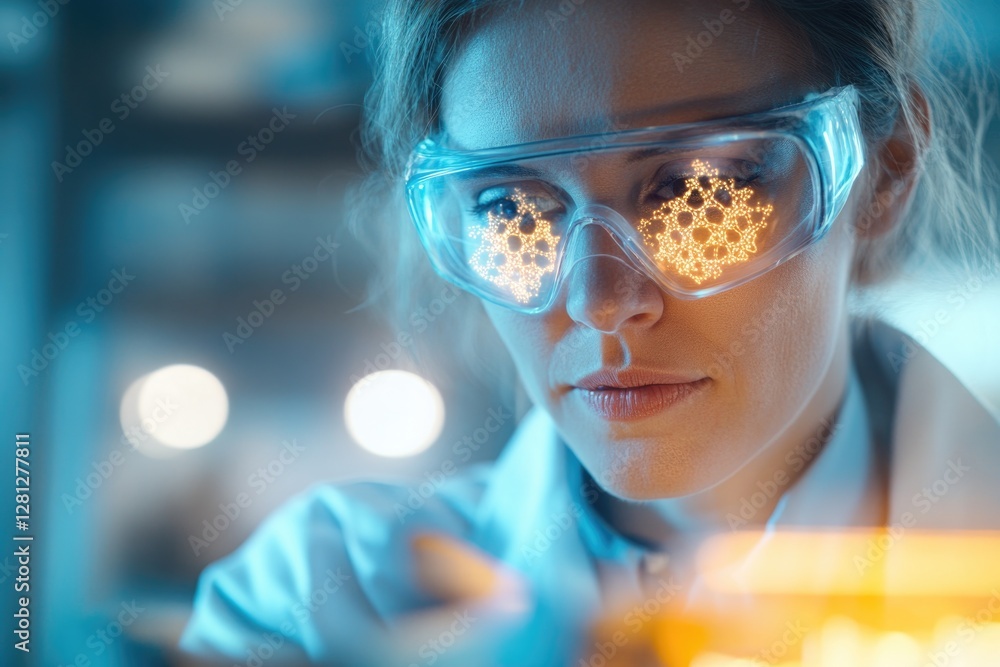 Aufkleber close-up of scientist using holographic gene sequencing interface showing glowing genetic structures