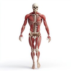 A full-body, hyper-realistic image of the human muscle system, with the skeleton clearly visible under the surface.