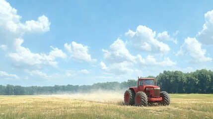 Obraz premium A massive red tractor was furrowing a wide expanse of land, sending up a cloud of dust into the air beneath a clear azure sky, with delicate white clouds in the distance.