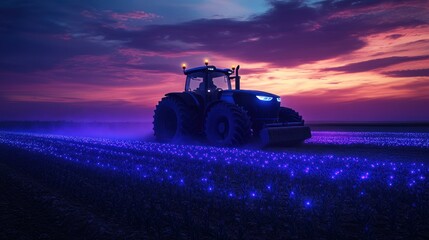 Fototapeta premium A huge tractor cultivating a field with sparkling fluorescent crops against a twilight sky with white clouds.