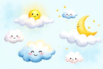 Whimsical Watercolor Cloud & Moon Art | Dreamy Soft Sky Illustration