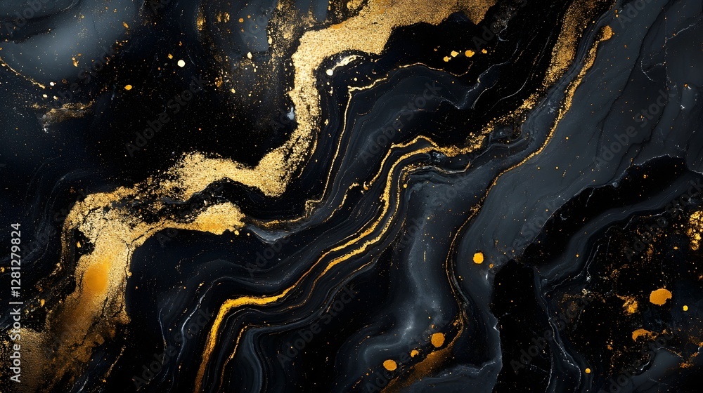 Poster dramatic and mesmerizing abstract background texture with flowing swirling lines of black gold and s