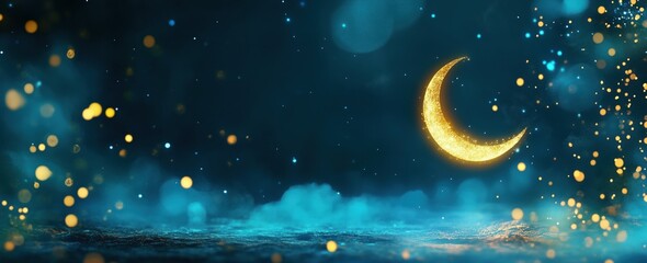 Fototapeta premium A minimalist night sky scene with a glowing crescent moon and subtle stars, designed for Ramadan transitions or holiday visuals, featuring copy space on the left for text or branding.