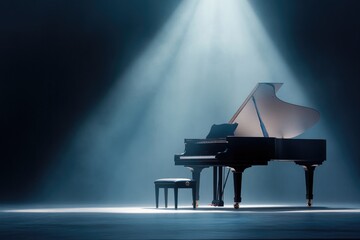 grand piano shines under soft spotlight on empty stage keys exposed and inviting musicianship
