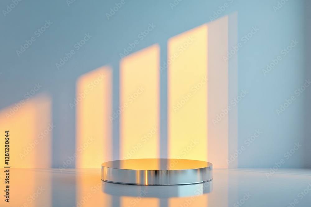 Poster high-gloss reflective podium positioned under ambient light surrounded by clean minimal space for vi