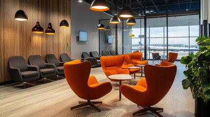 Luxurious Lounge Area Inside Modern Airplane With Cozy Seating, Warm Lighting, and Large Windows Showcasing Outdoor Views