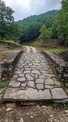 A weathered stone path leading through A serene green landscape inviting wanderers to explore natures beauty