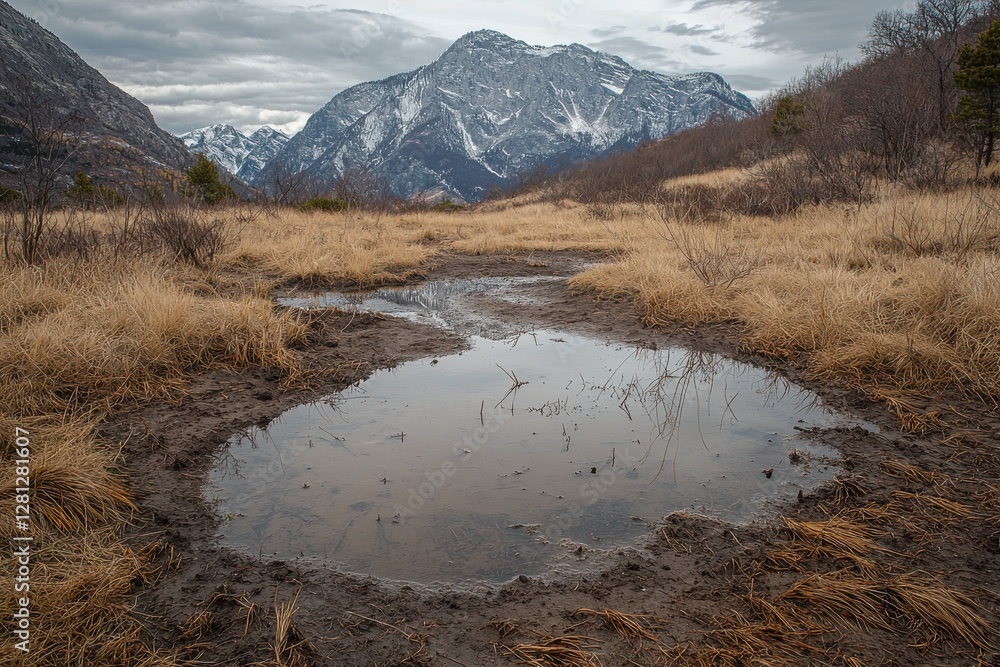 Poster a captivating view of a snow-capped mountain range reflecting in a muddy puddle, surrounded by golde