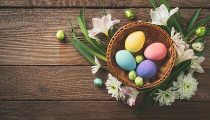 Easter basket with colorful eggs and spring flowers on wooden background