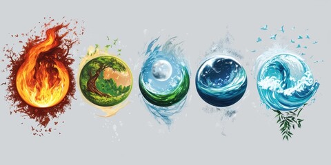 Harmonious Set of Five Elements: Representing Fire, Earth, Air, Water, and Sky for Balance and Health in Nature's Iconic Design