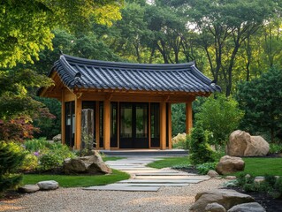 Fototapeta premium The image features a Korean pavilion in a beautiful garden