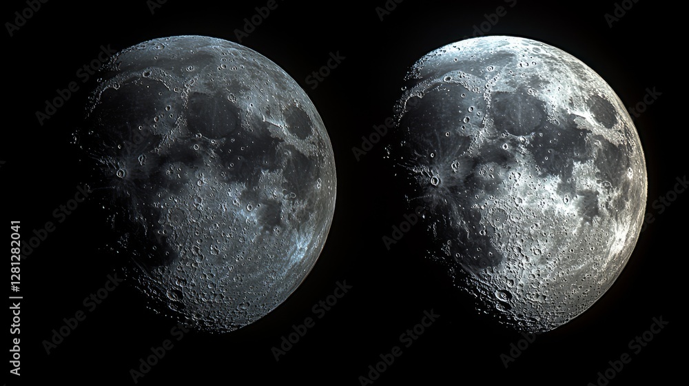 Poster two detailed lunar views showing subtle lighting differences on the moon's surface against a black b
