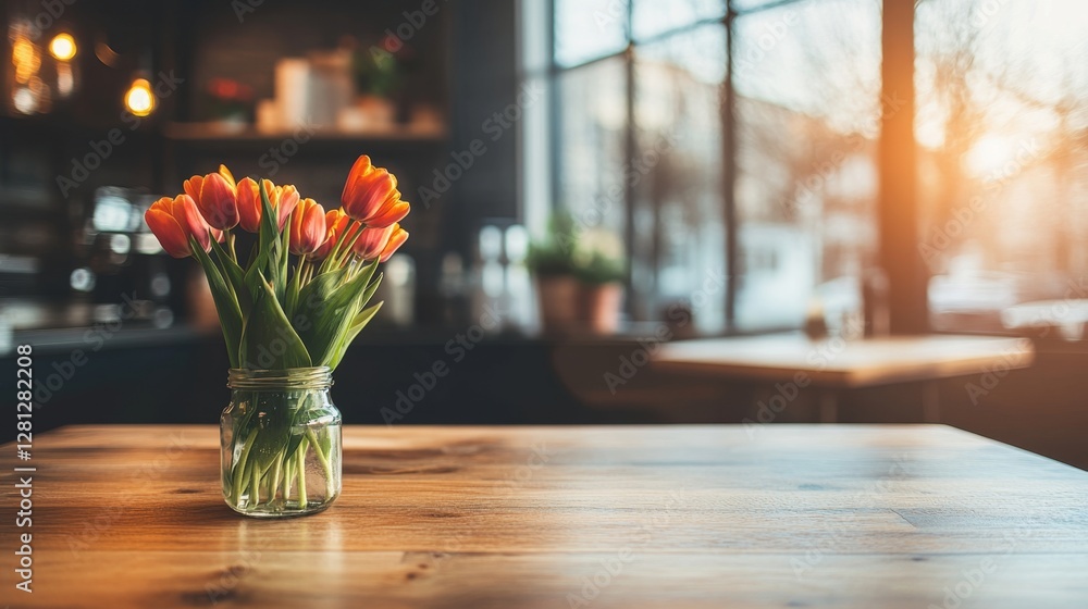 Poster a vibrant bouquet of orange and yellow tulips sits in a mason jar on a wooden table. sunlight stream