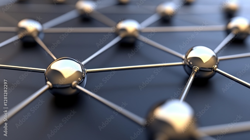 Poster closeup view of a network of interconnected metallic spheres and lines on a dark gray background. th