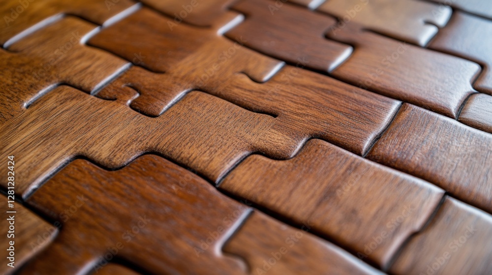 Poster close up view of an intricate wooden puzzle design. rich brown tones and interlocking pieces create 