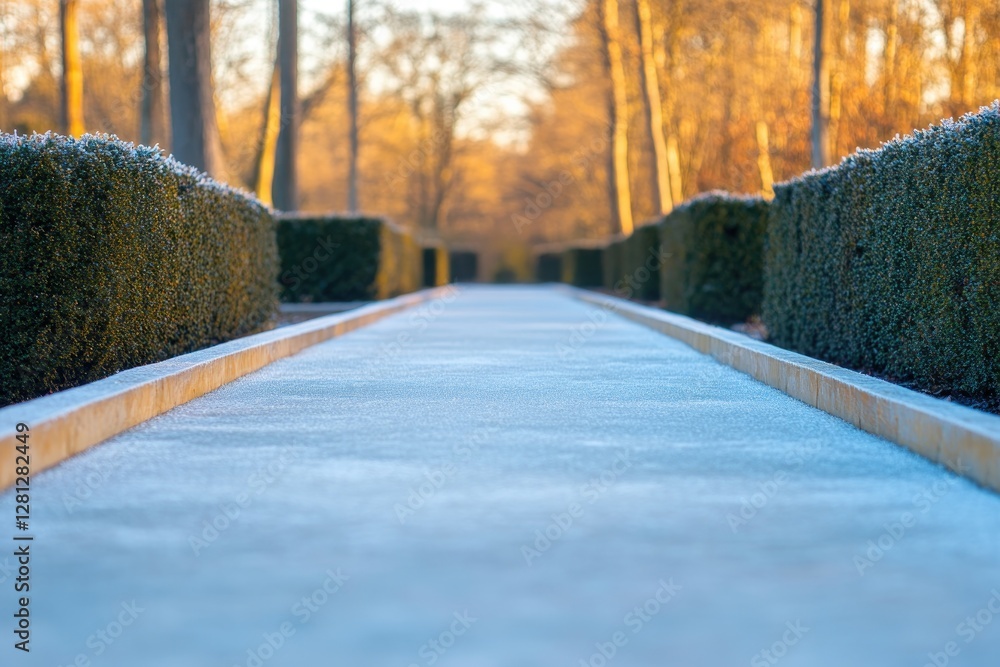 Poster serene garden path dusted with frost glistens in early sunlight surrounding trees softly blurred to 