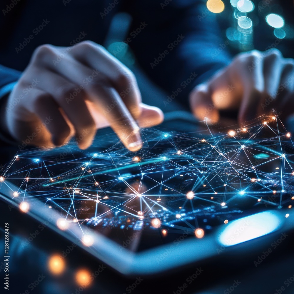 Aufkleber hands interacting with a digital network visualization on a tablet
