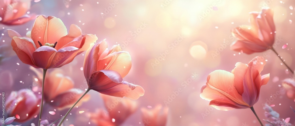Poster ethereal tulips in soft light with delicate petals and dreamy bokeh background creating a serene and