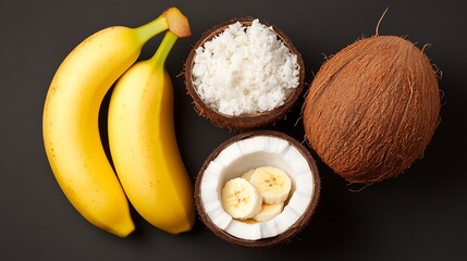 Bananas and coconuts arranged on a black surface, background for healthy eating