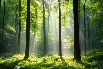 Fototapeta premium serene forest scene with sunlight filtering through green leaves casting dappled shadows on forest floor quiet of nature