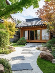 A traditional Korean style house within a tranquil garden setting
