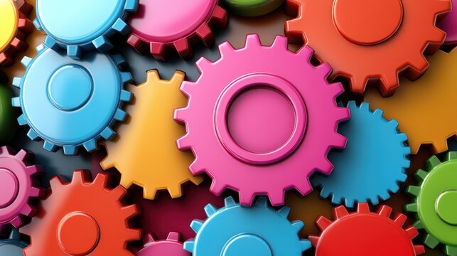A vibrant close up showcases a multitude of interlocking gears in shades of pink, orange, blue, and yellow. The gears are arranged in a dense