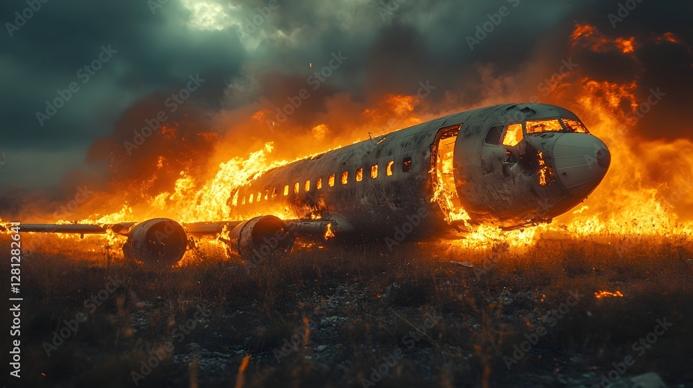 Aufkleber dramatic scene of a commercial passenger plane in flames crashed in a remote rugged landscape with d