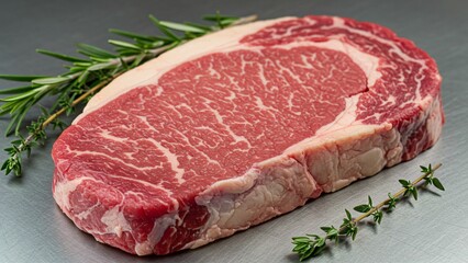 Fototapeta premium Fresh raw ribeye steak on metal surface