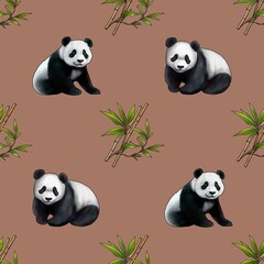 Seamless Pattern with Two Poses Pandas and Bamboo on Mocha Mousse Background
