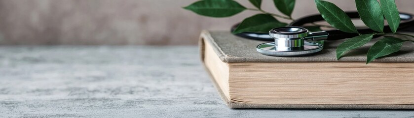Stethoscope Resting on a Book Surrounded by Green Leaves for Medical and Wellness Themes