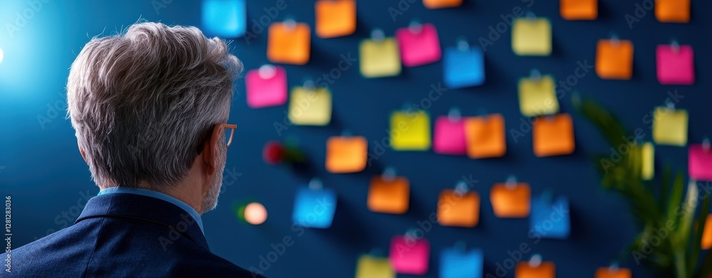 Poster a person stands in front of a wall covered with colorful sticky notes, suggesting brainstorming or p