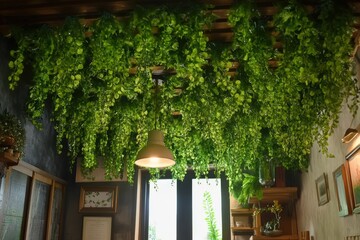 Hanging greenery illuminates a room with a warm light