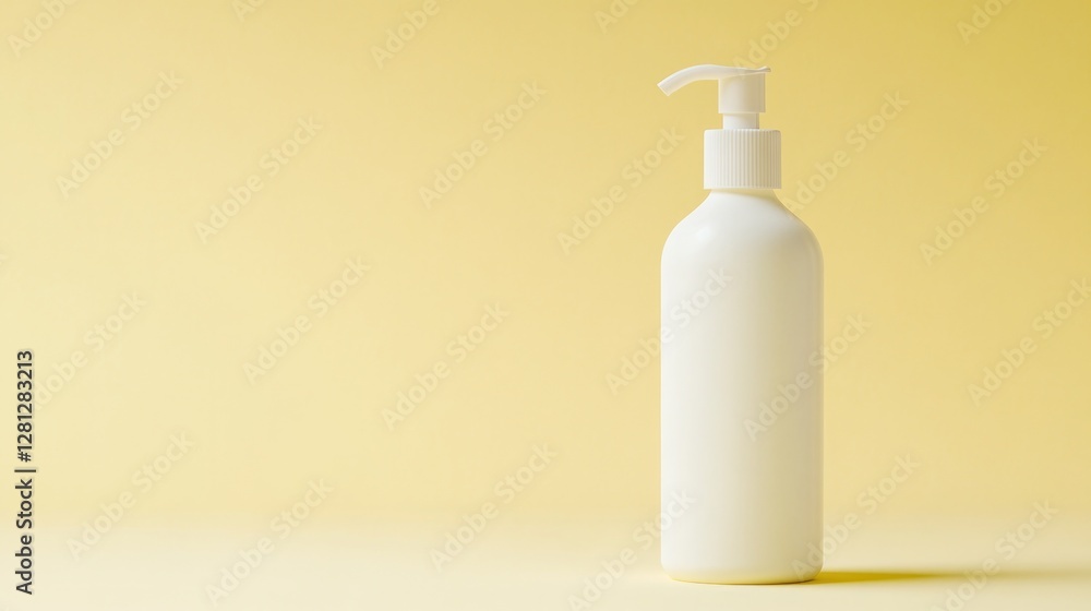 Poster simple white lotion bottle mockup with pump displayed on pastel yellow solid background with soft di