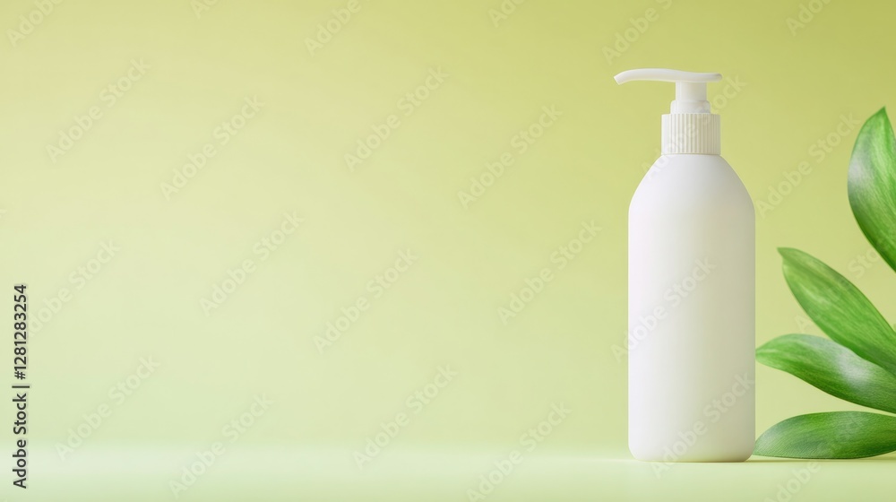 Poster simple white lotion bottle mockup with pump displayed on pastel yellow solid background with soft di